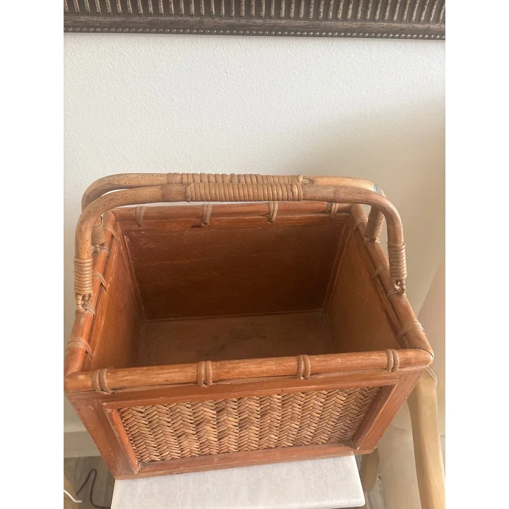 Vintage Woven Rattan Bamboo Wood Rectangular Basket w/ Bamboo Swing Handles MCM